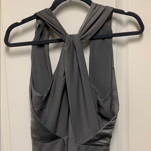 Gray open back jumpsuit.